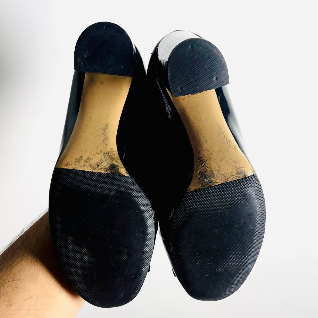 Salvatore Ferragamo Vara Ninna Black GHW Giant Monogram Logo Bow Ballet Ballerina Patent Leather Classic Heels Pumps Shoes