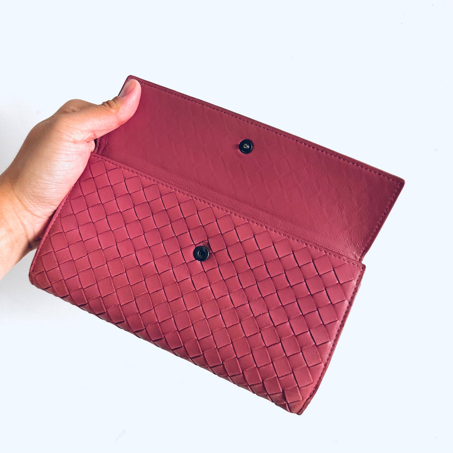 Bottega Veneta BV Mauve Rose Pink Continental Intrecciato Nappa Woven Leather Flap Bifold Long Wallet
