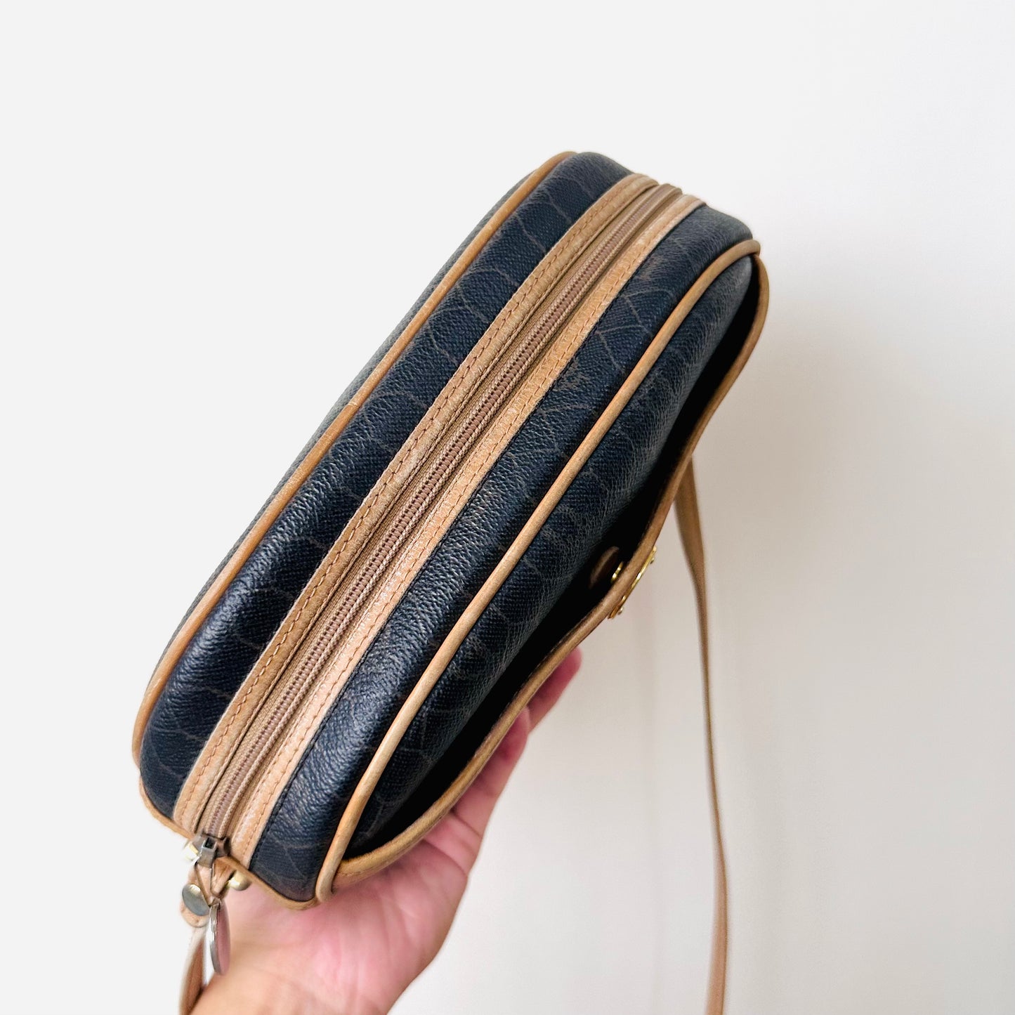 Christian Dior CD Black Honeycomb Oblique Monogram Logo Vintage Zip Shoulder Sling Bag