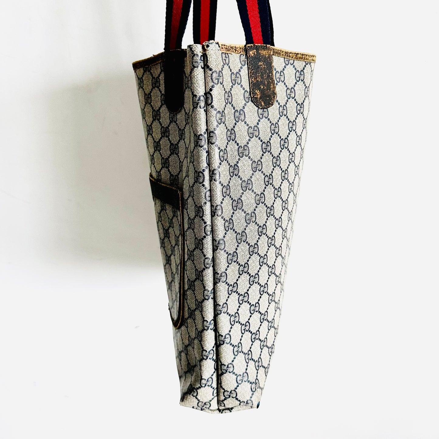 Gucci Navy Blue GG Monogram Logo Web Striped Straps Shopper Shoulder Tote Bag