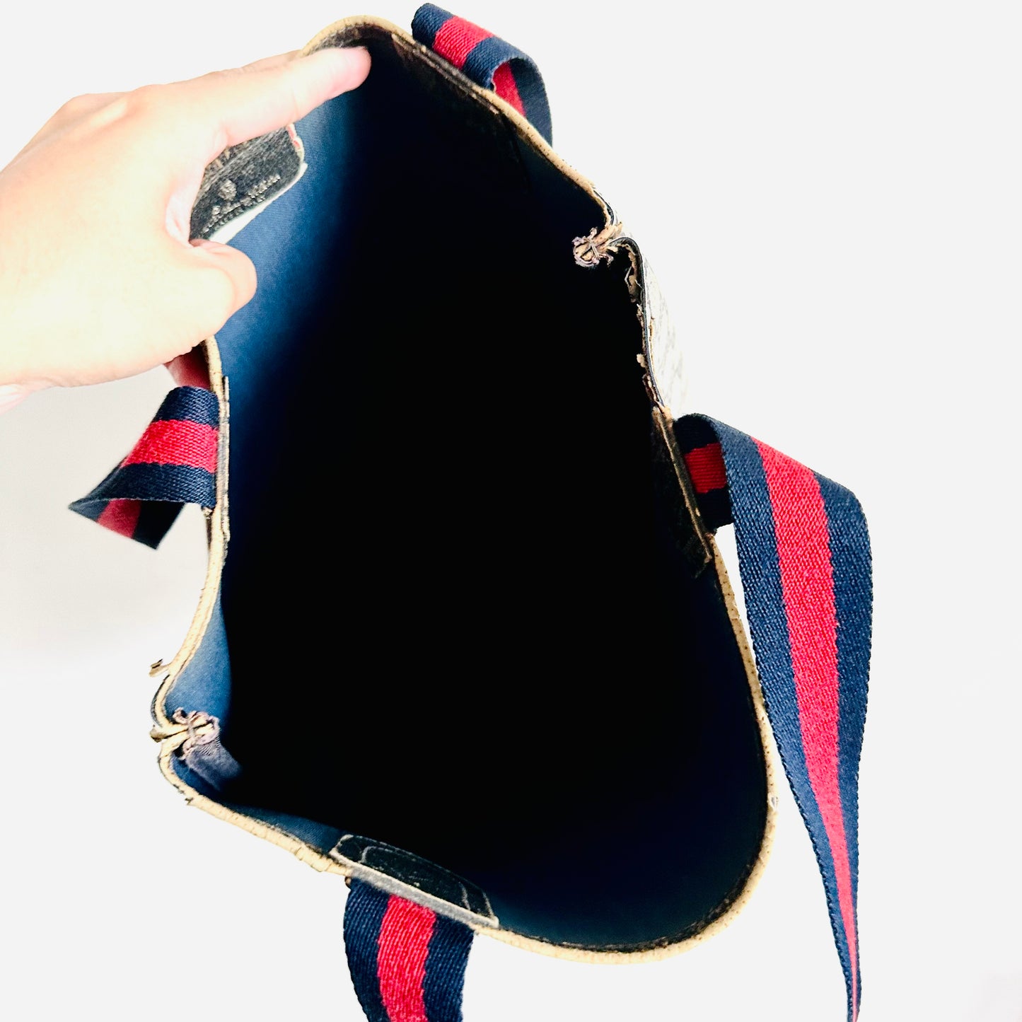 Gucci Navy Blue GG Monogram Logo Web Striped Straps Shopper Shoulder Tote Bag