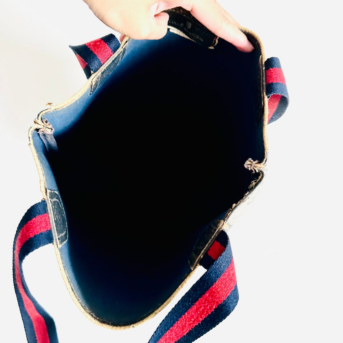 Gucci Navy Blue GG Monogram Logo Web Striped Straps Shopper Shoulder Tote Bag