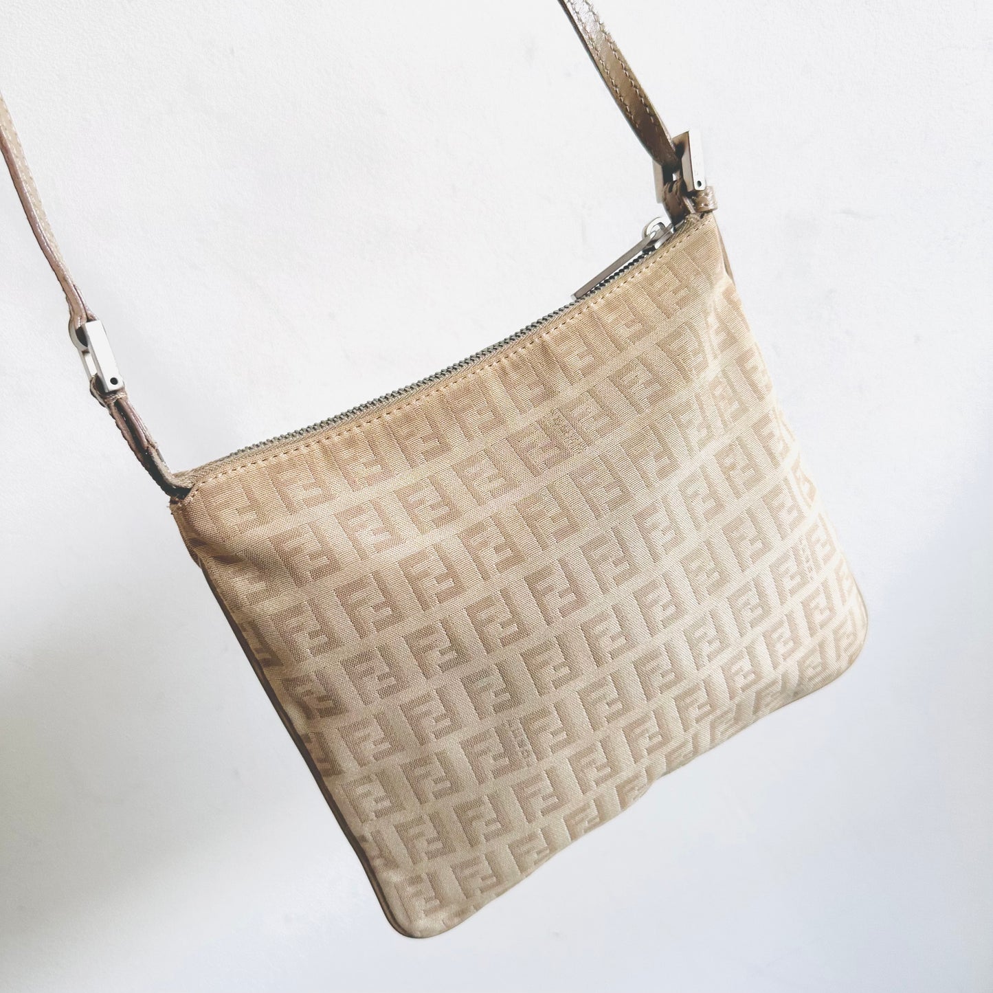 Fendi Beige FF Zucca Monogram Logo Shoulder Sling Bag