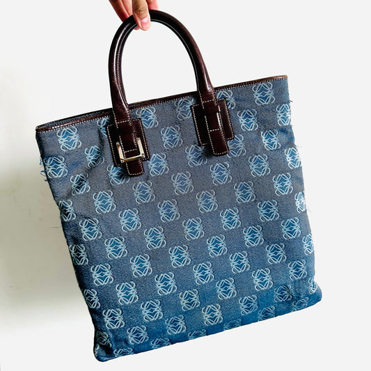 Loewe Navy Blue All Over Anagram Logo Monogram Shopper Tote Bag