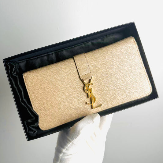 YSL Yves Saint Laurent Beige Taupe GHW Cassandre Grain De Poudre Leather Zippy Zip Around Long Wallet
