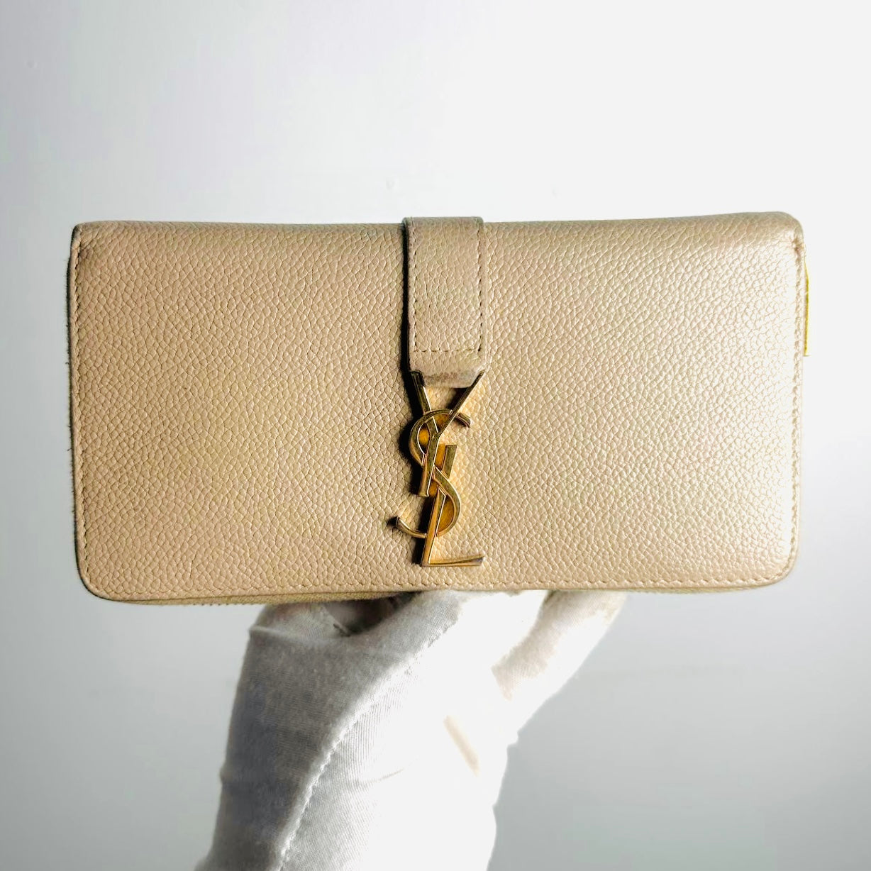 YSL Yves Saint Laurent Beige Taupe GHW Cassandre Grain De Poudre Leather Zippy Zip Around Long Wallet