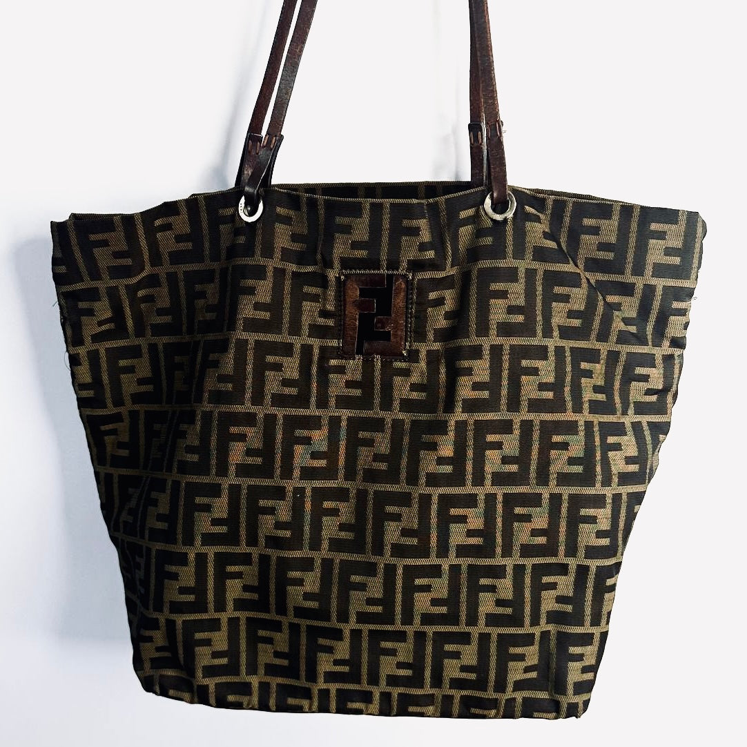 Fendi Dark Brown Zucca FF Monogram Logo Packable Shoulder Shopper Tote Bag