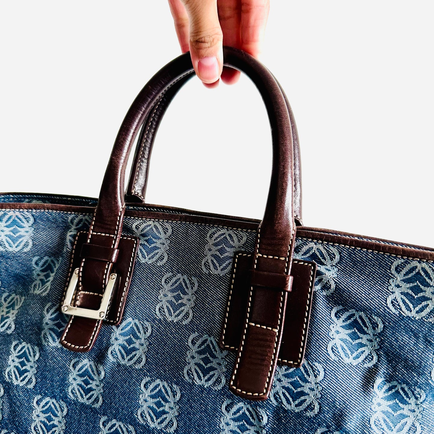 Loewe Navy Blue All Over Anagram Logo Monogram Shopper Tote Bag
