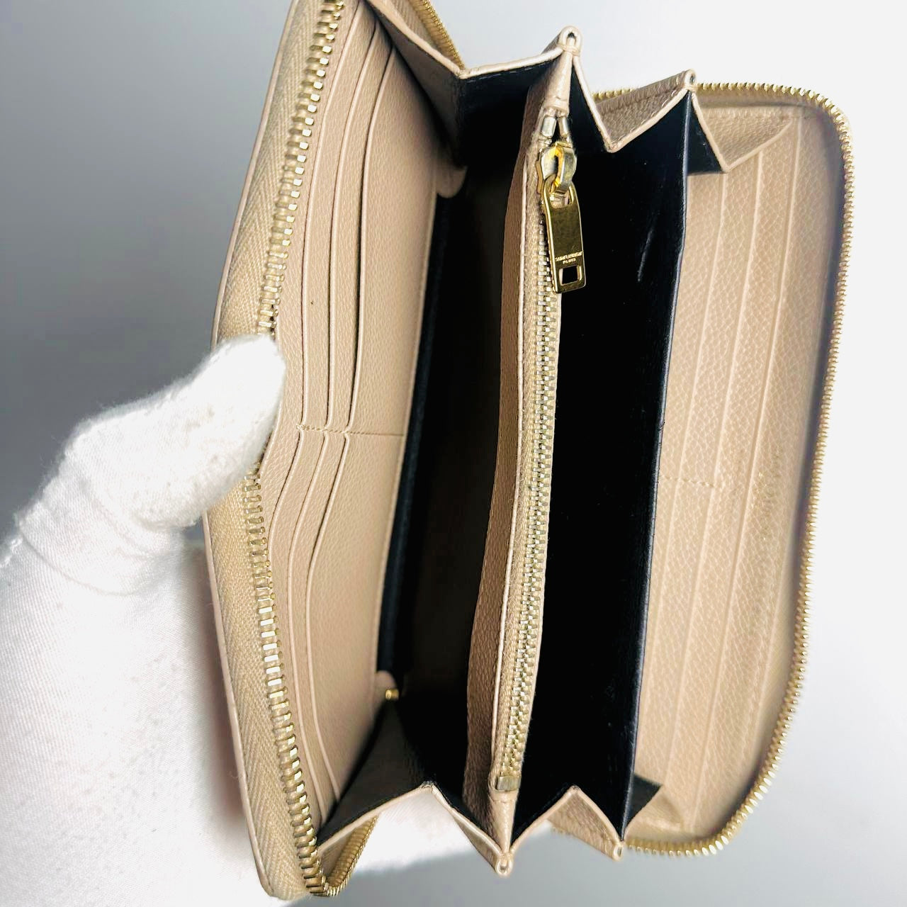 YSL Yves Saint Laurent Beige Taupe GHW Cassandre Grain De Poudre Leather Zippy Zip Around Long Wallet