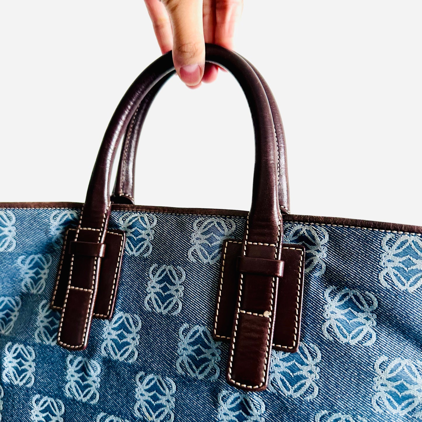 Loewe Navy Blue All Over Anagram Logo Monogram Shopper Tote Bag