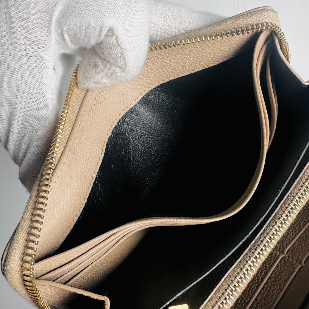 YSL Yves Saint Laurent Beige Taupe GHW Cassandre Grain De Poudre Leather Zippy Zip Around Long Wallet