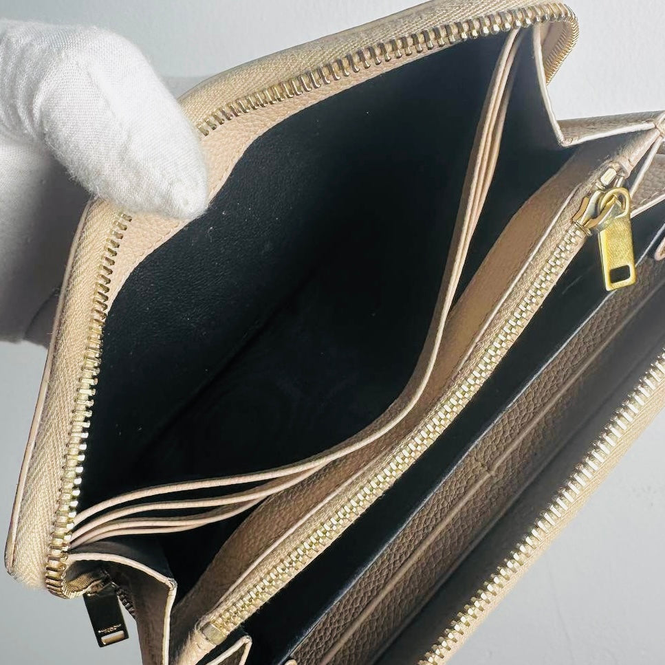 YSL Yves Saint Laurent Beige Taupe GHW Cassandre Grain De Poudre Leather Zippy Zip Around Long Wallet