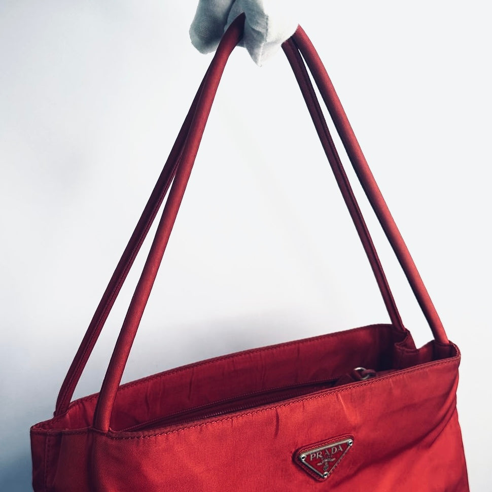 Prada Deep Red Tessuto City Classic Logo Nylon Shopper Shoulder Tote Bag