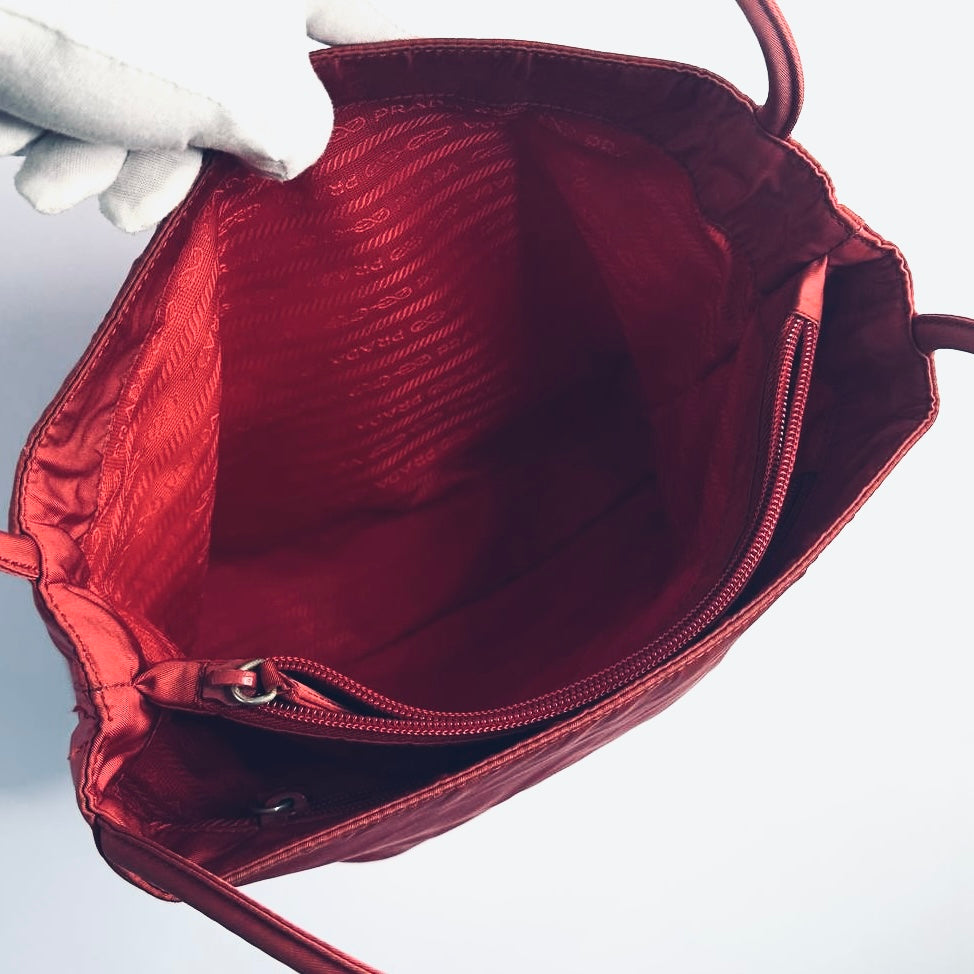 Prada Deep Red Tessuto City Classic Logo Nylon Shopper Shoulder Tote Bag