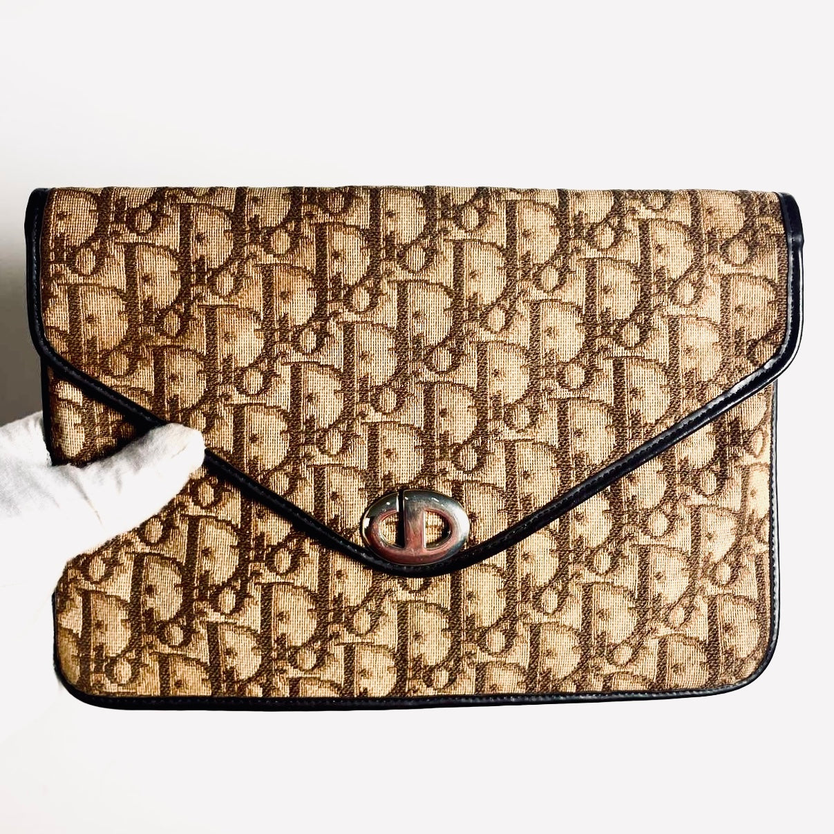 Christian Dior Brown Oblique Monogram Logo Flap Flat Clutch Pouch Case