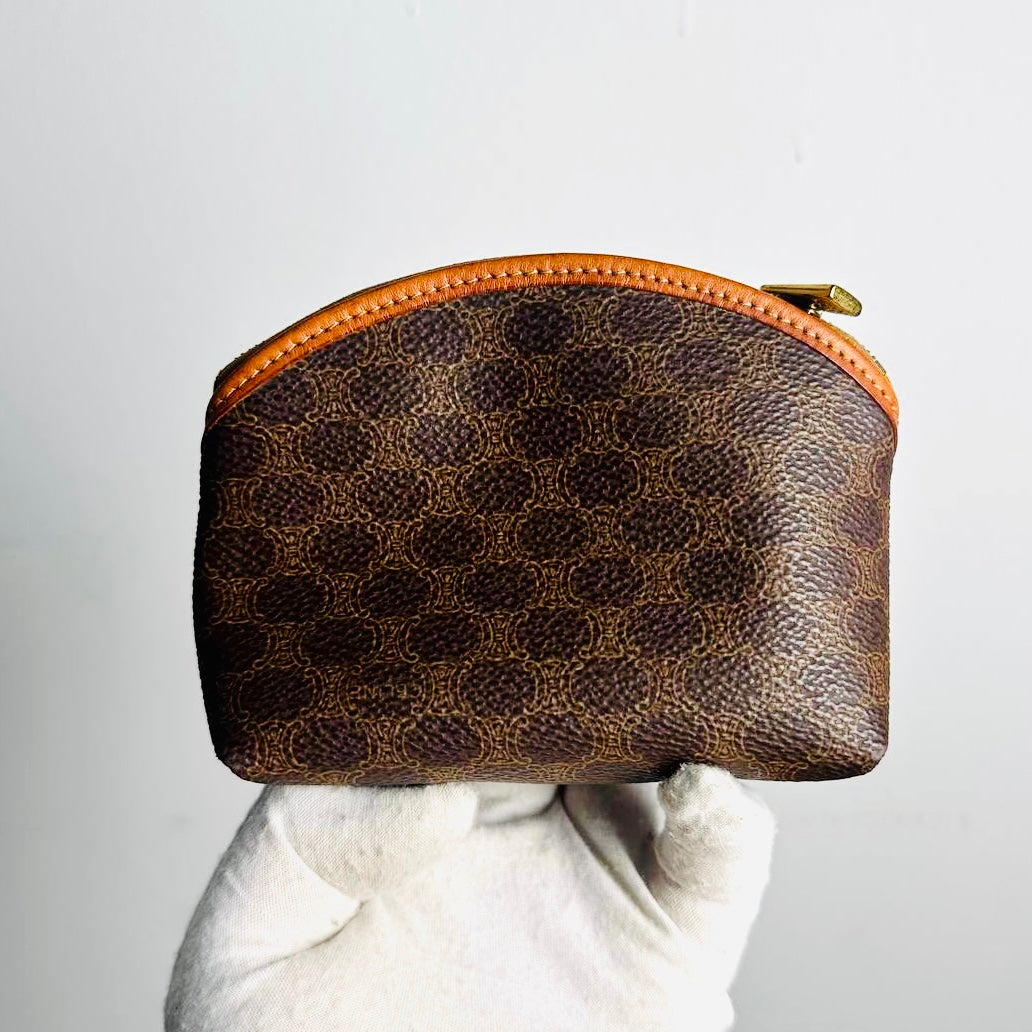 Celine Brown GHW Triomphe Macadam Monogram Logo GHW Mini Zip Clutch Pouch Case