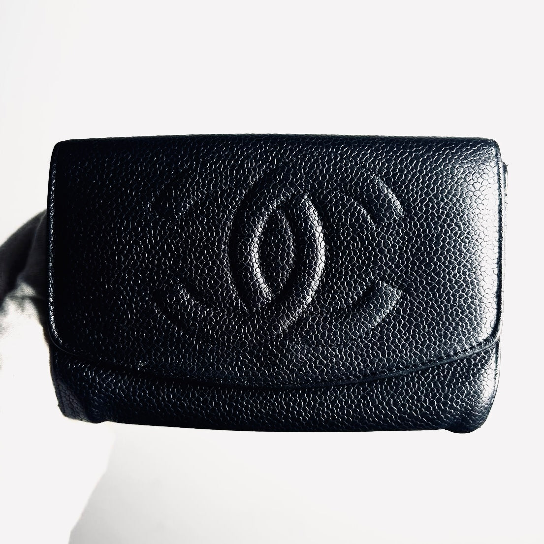 Chanel Black GHW Giant CC Logo Caviar Leather Vintage Flap Compact Wallet 4s