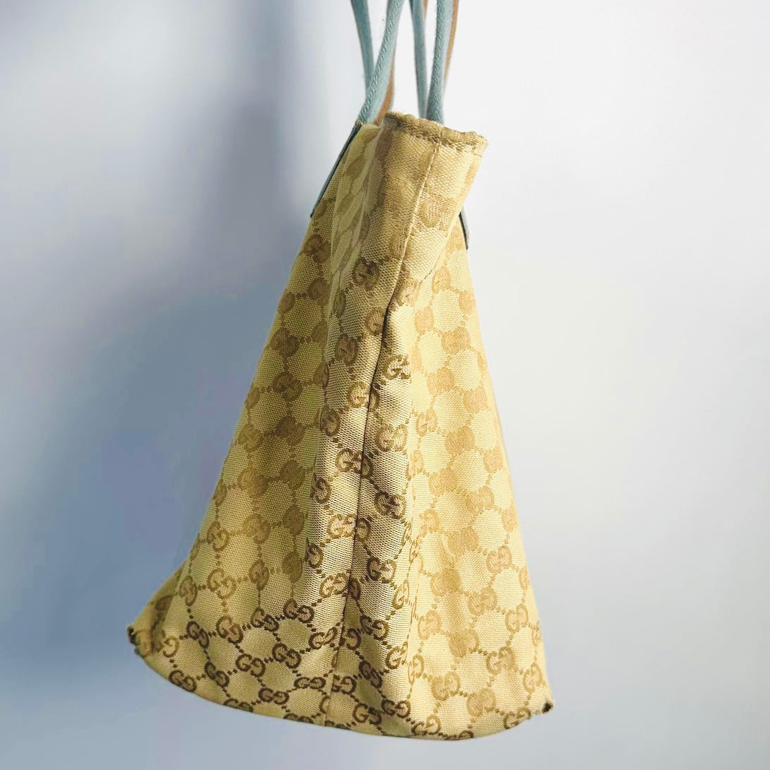 Gucci Sherry Beige / Blue GG Monogram Logo Bucket Shoulder Shopper Tote Bag