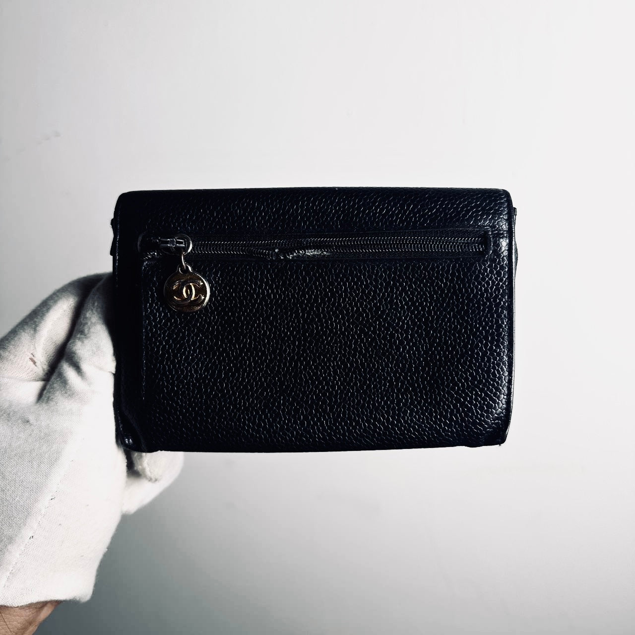 Chanel Black GHW Giant CC Logo Caviar Leather Vintage Flap Compact Wallet 4s