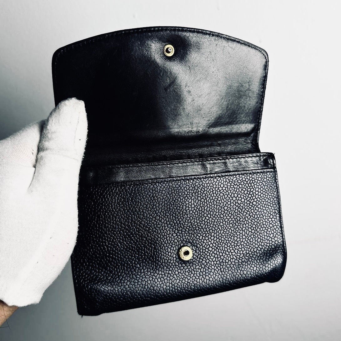 Chanel Black GHW Giant CC Logo Caviar Leather Vintage Flap Compact Wallet 4s