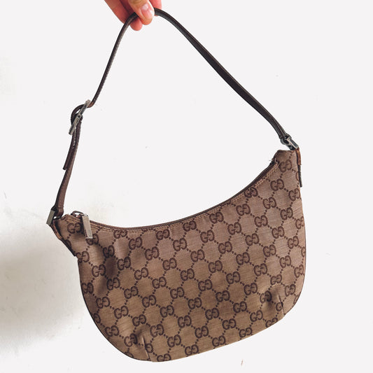 Gucci Brown GG Monogram Logo Small Hobo Pochette Baguette Shoulder Bag