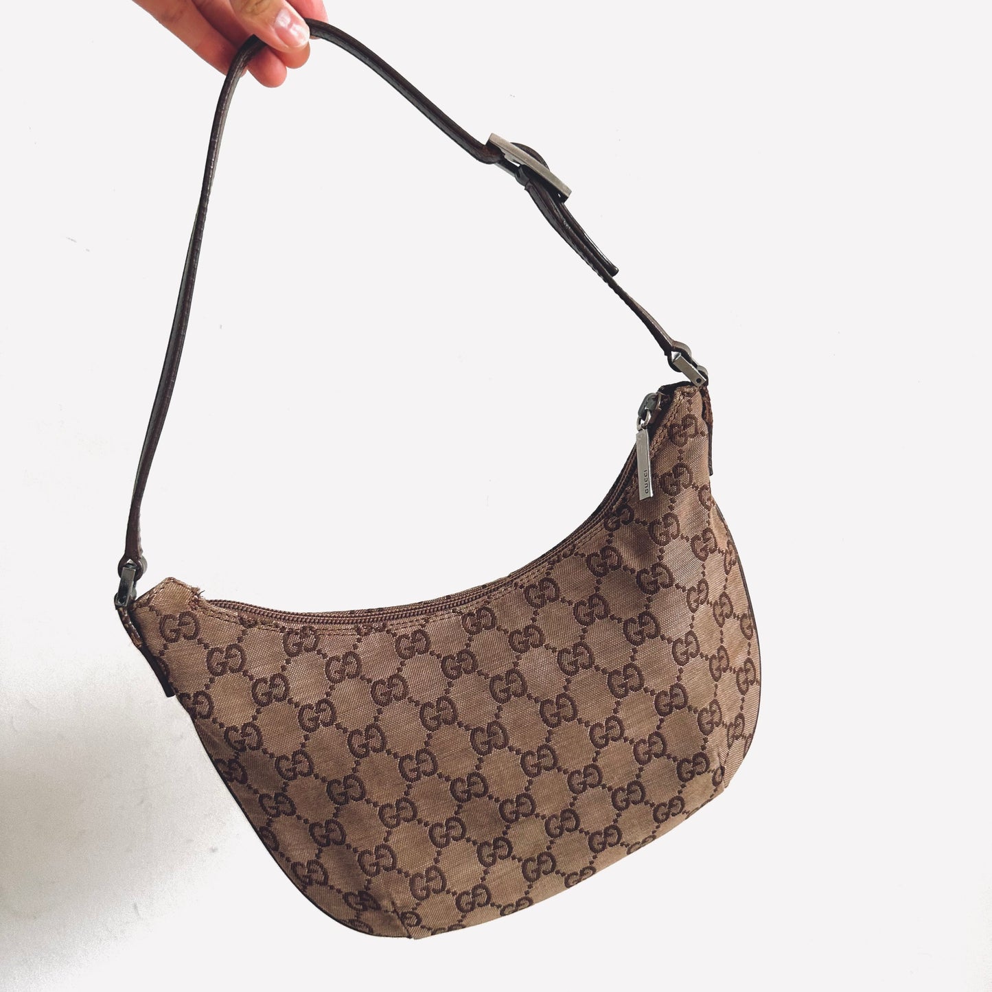 Gucci Brown GG Monogram Logo Small Hobo Pochette Baguette Shoulder Bag