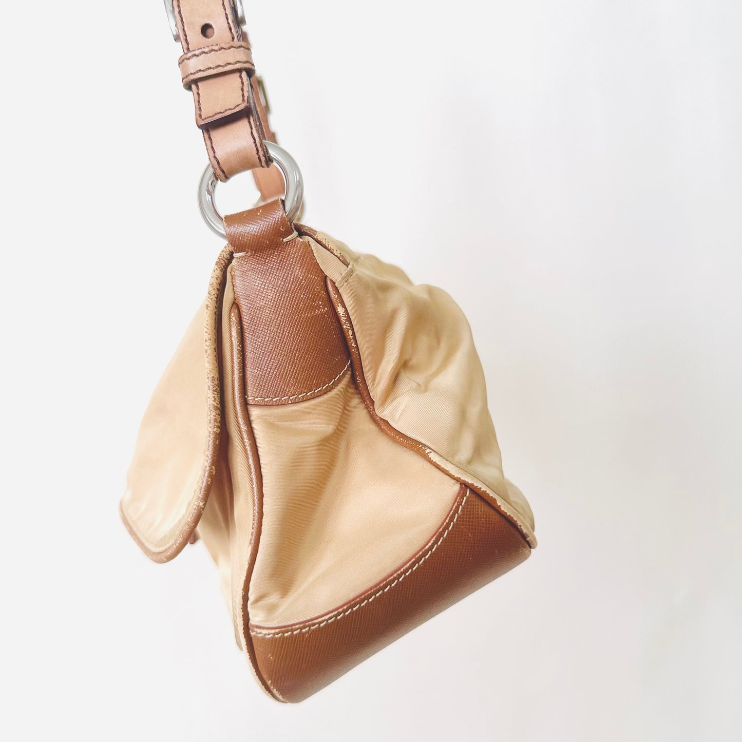 Prada Beige Tessuto Classic Logo Nylon Flap Baguette Hobo Pochette Shoulder Bag