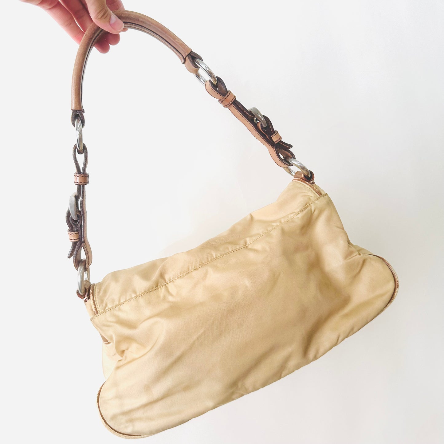 Prada Beige Tessuto Classic Logo Nylon Flap Baguette Hobo Pochette Shoulder Bag