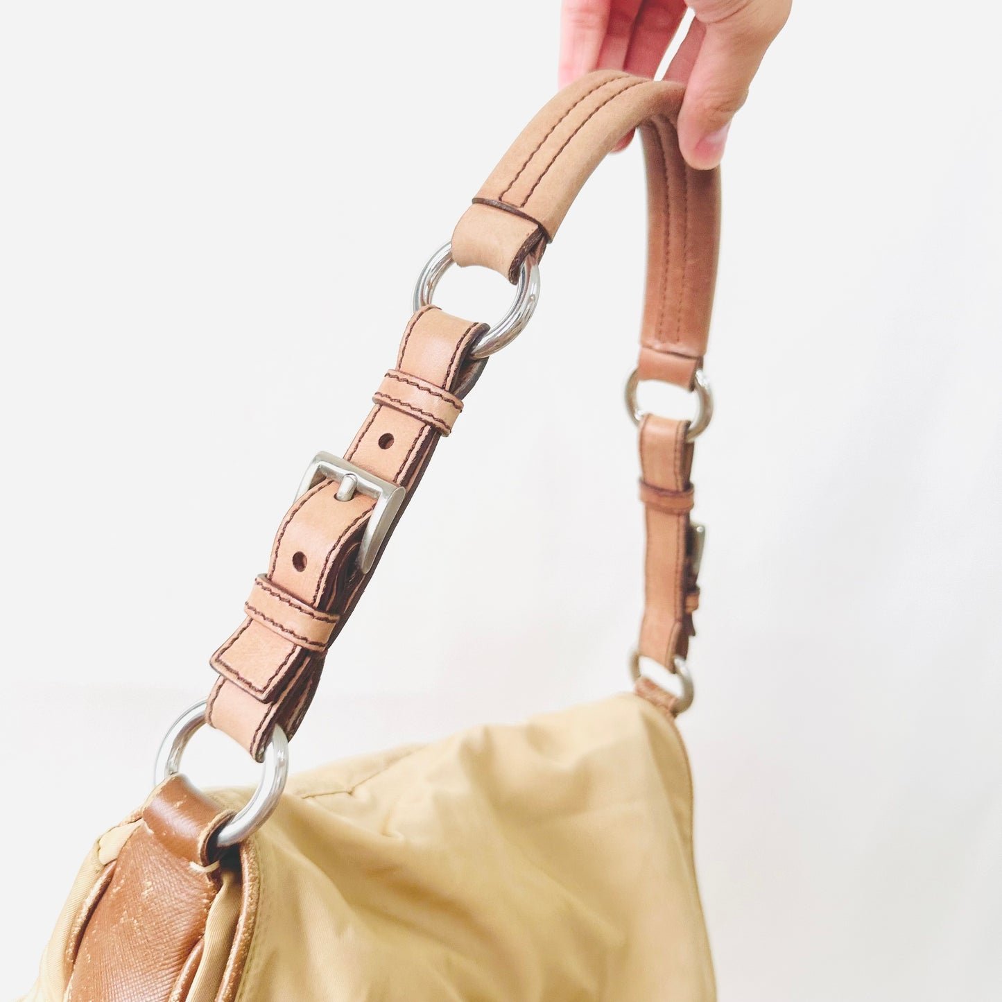 Prada Beige Tessuto Classic Logo Nylon Flap Baguette Hobo Pochette Shoulder Bag
