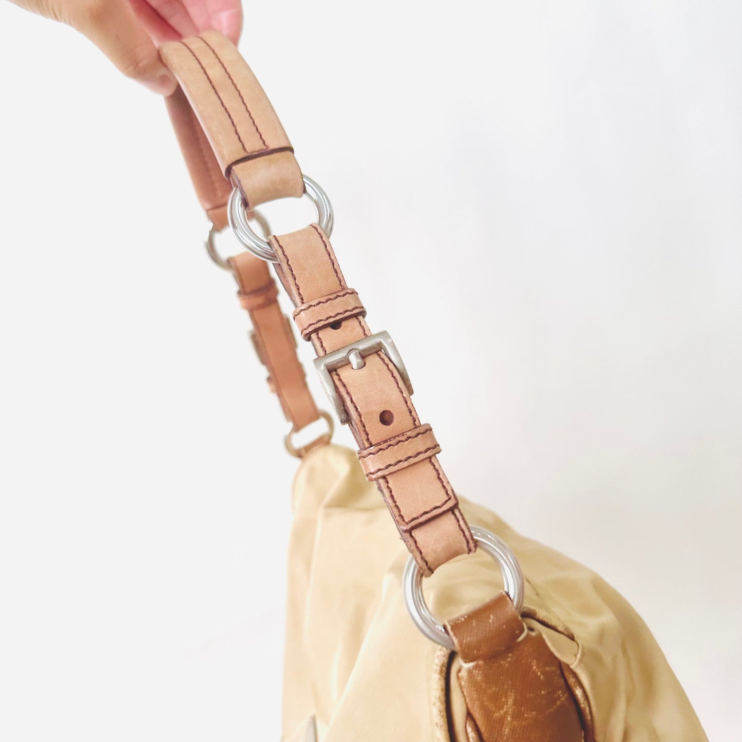 Prada Beige Tessuto Classic Logo Nylon Flap Baguette Hobo Pochette Shoulder Bag