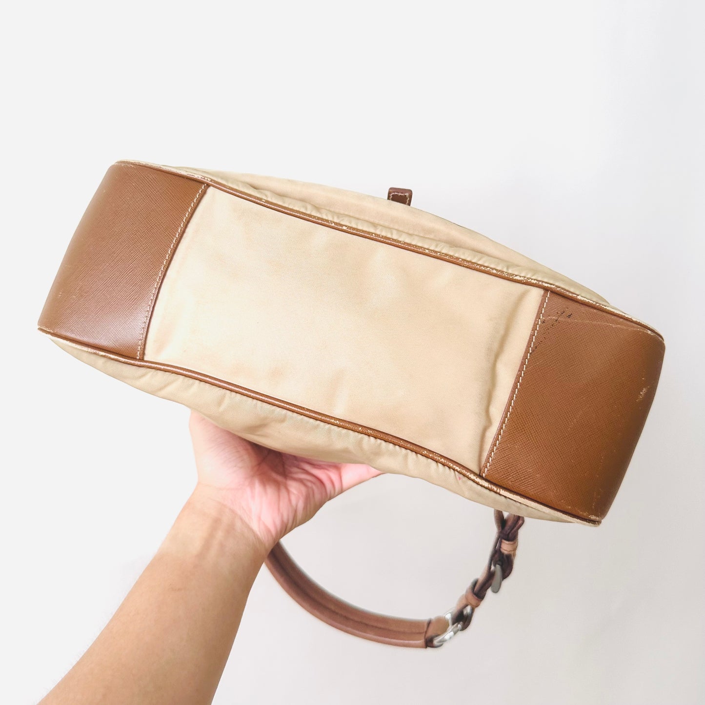 Prada Beige Tessuto Classic Logo Nylon Flap Baguette Hobo Pochette Shoulder Bag