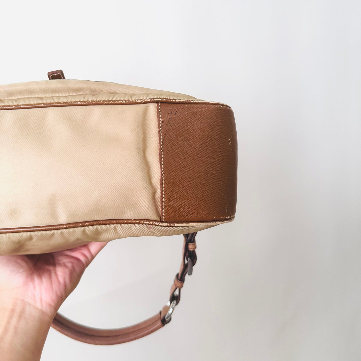 Prada Beige Tessuto Classic Logo Nylon Flap Baguette Hobo Pochette Shoulder Bag