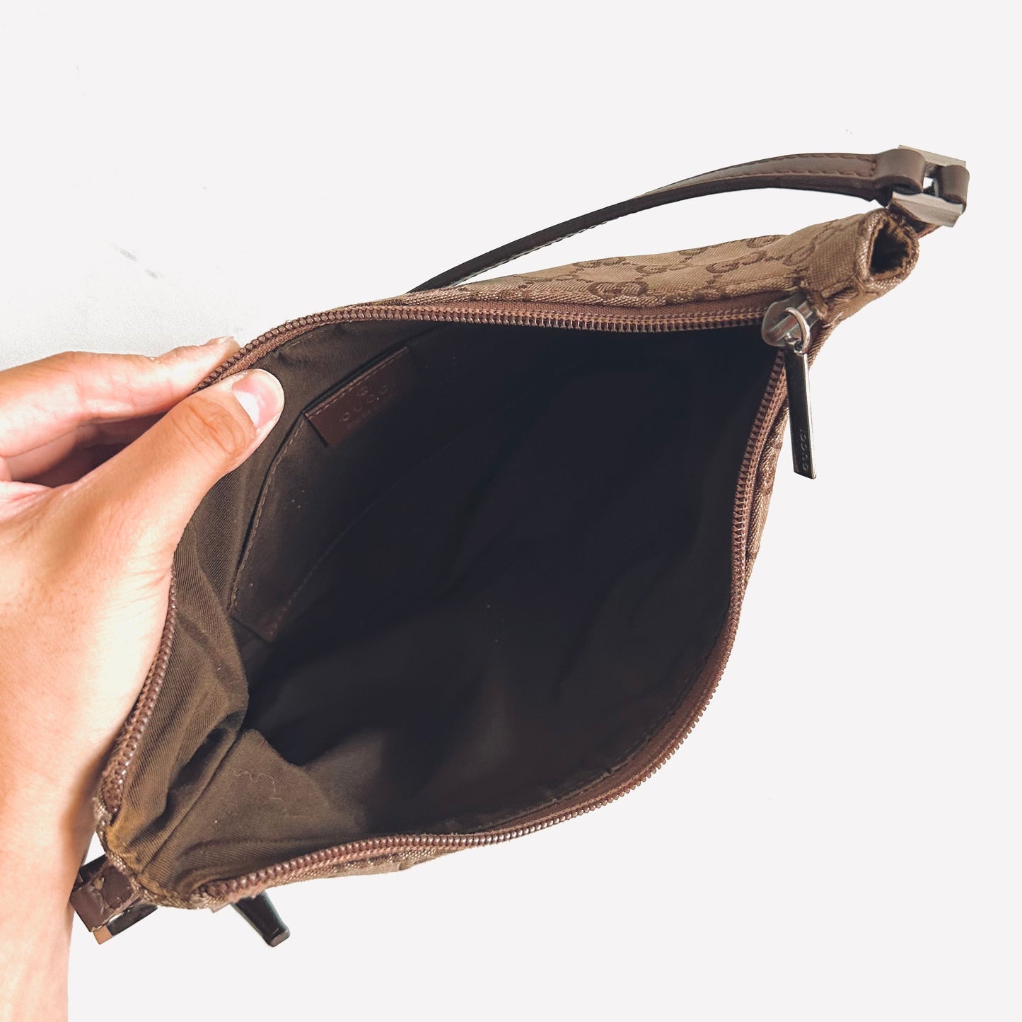 Gucci Brown GG Monogram Logo Small Hobo Pochette Baguette Shoulder Bag