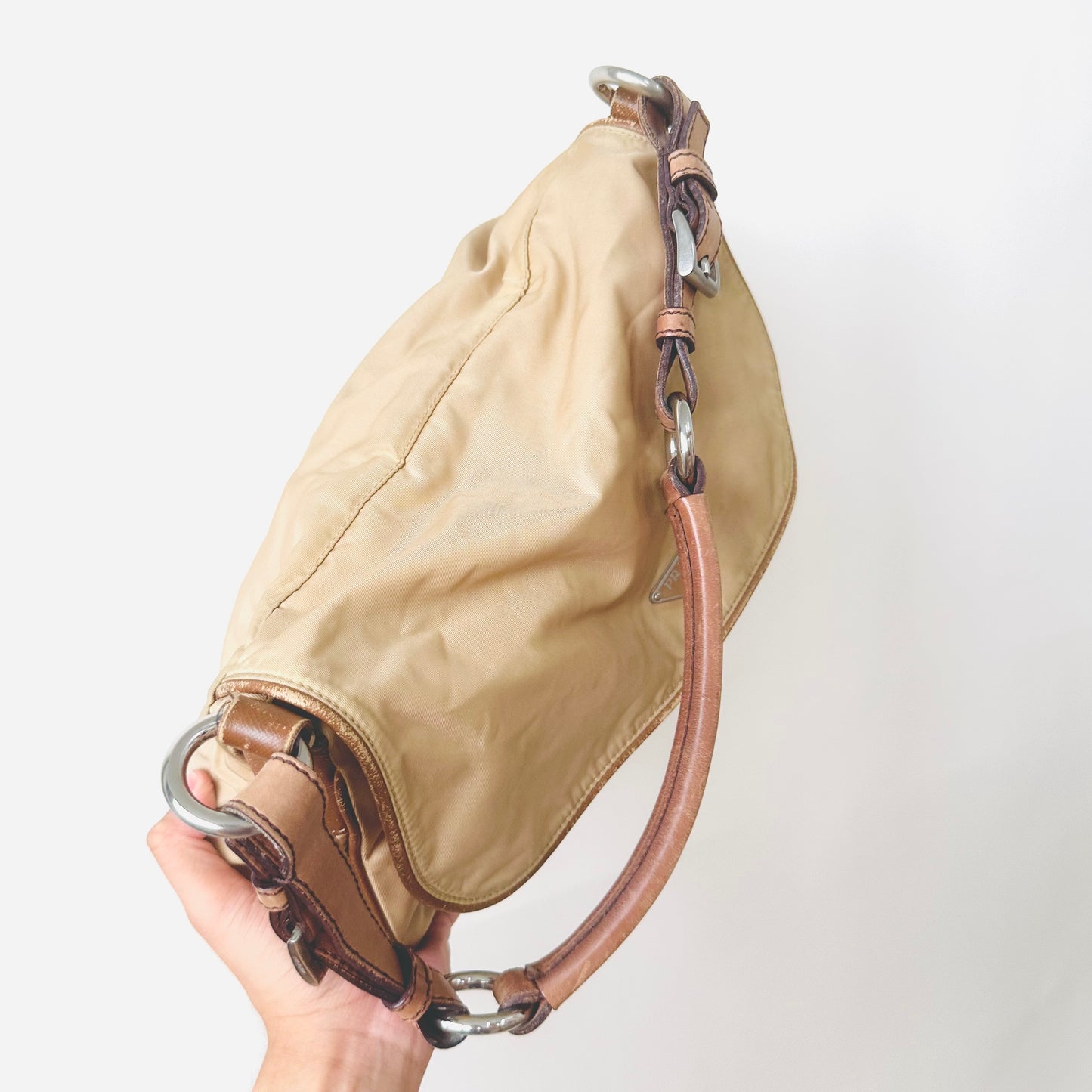 Prada Beige Tessuto Classic Logo Nylon Flap Baguette Hobo Pochette Shoulder Bag