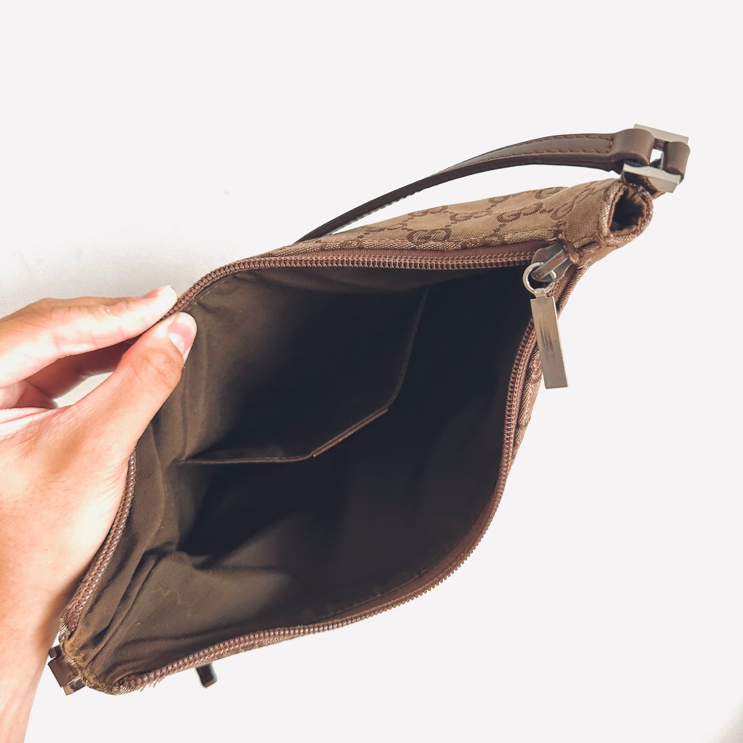 Gucci Brown GG Monogram Logo Small Hobo Pochette Baguette Shoulder Bag