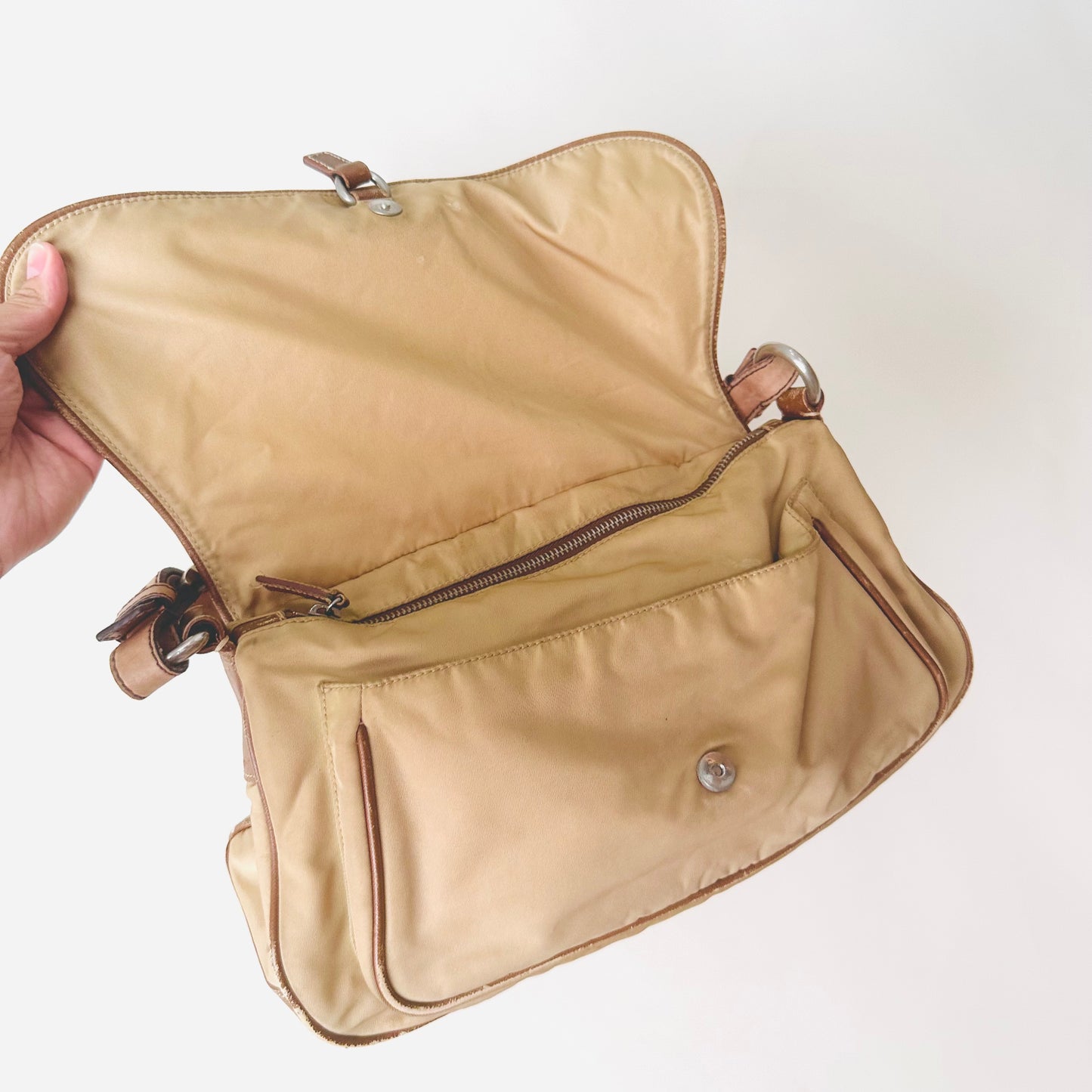 Prada Beige Tessuto Classic Logo Nylon Flap Baguette Hobo Pochette Shoulder Bag