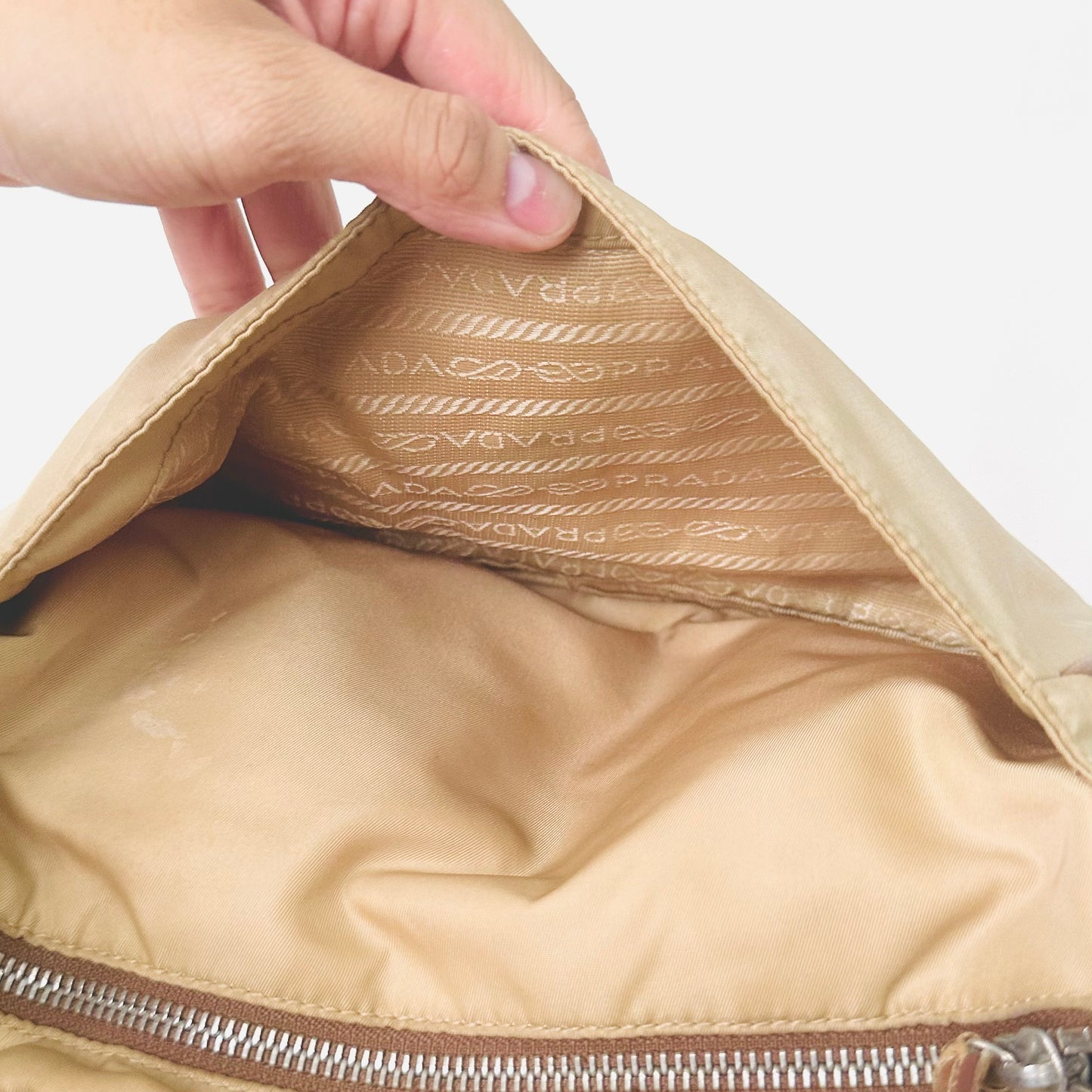 Prada Beige Tessuto Classic Logo Nylon Flap Baguette Hobo Pochette Shoulder Bag