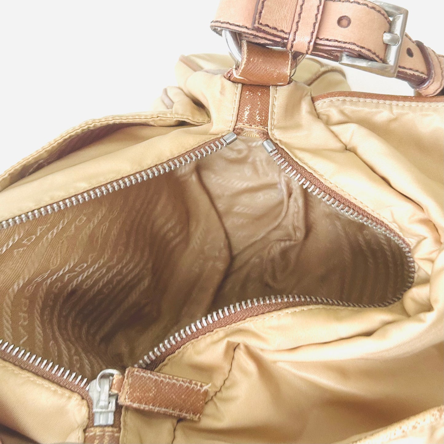 Prada Beige Tessuto Classic Logo Nylon Flap Baguette Hobo Pochette Shoulder Bag