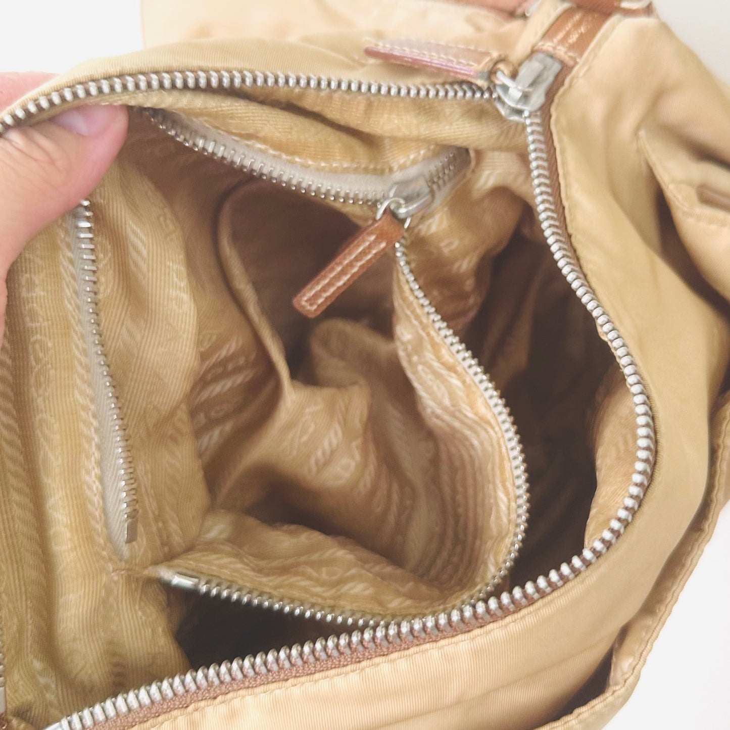 Prada Beige Tessuto Classic Logo Nylon Flap Baguette Hobo Pochette Shoulder Bag