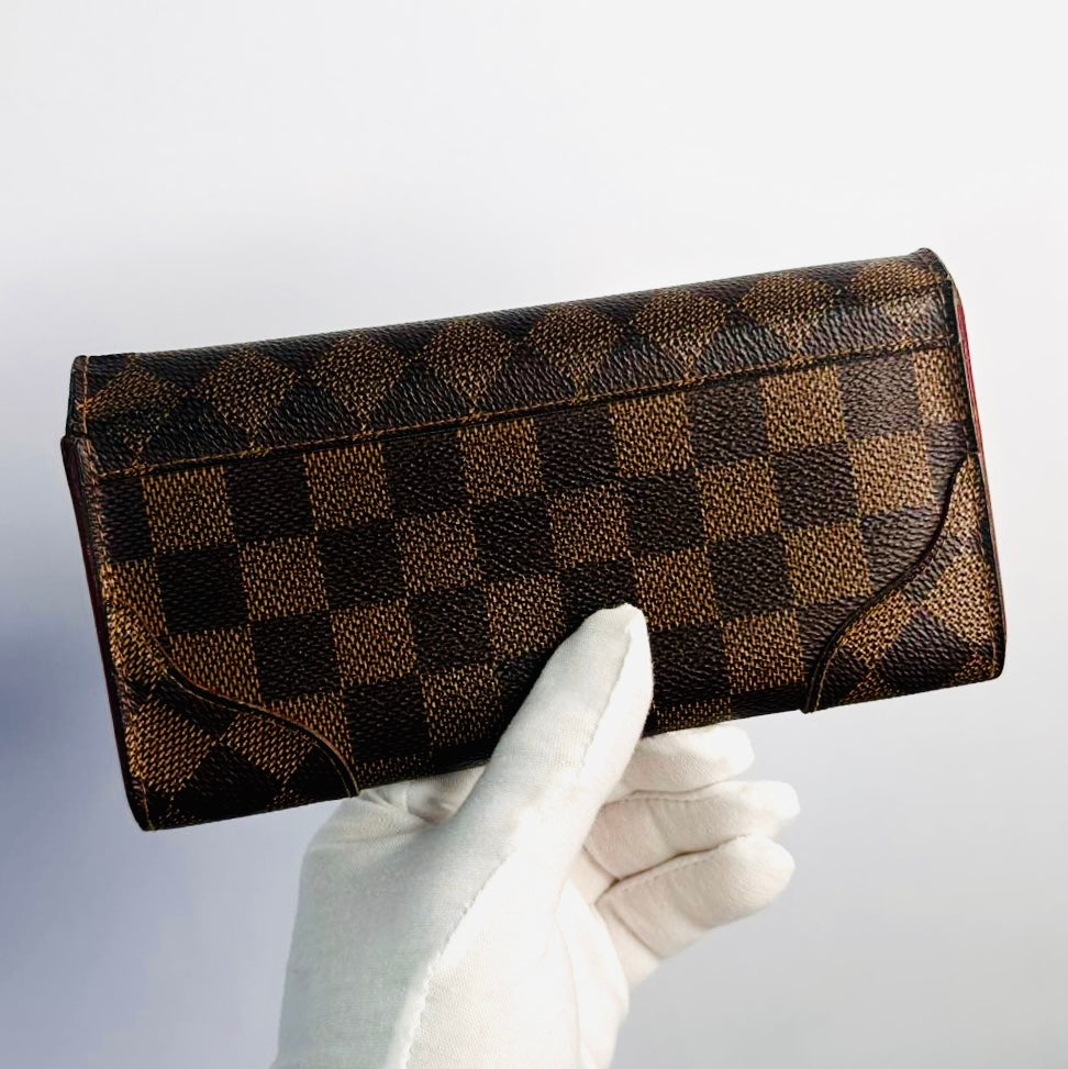 Louis Vuitton LV Caissa Emilie Damier Ebene DE Monogram Logo / Cerise Red GHW Flap Long Wallet