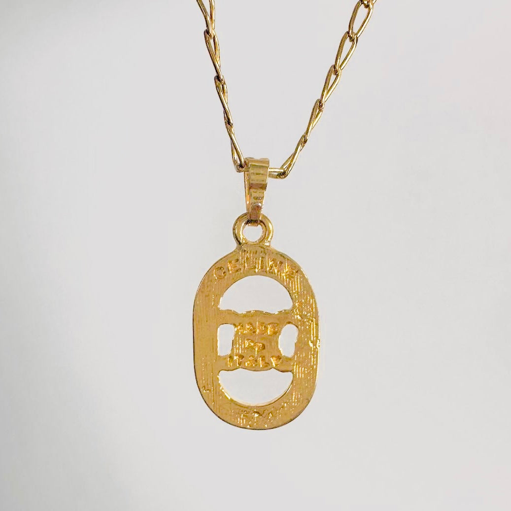Celine Triomphe Gold Monogram Logo Rhinestone Crystals Vintage Classic Pendant Necklace
