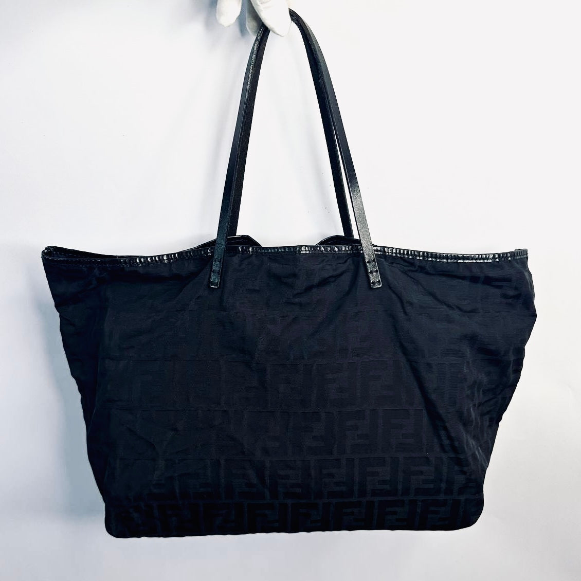Fendi Black Zucca Zucchino FF Monogram Logo Shoulder Shopper Tote Bag With Pouch