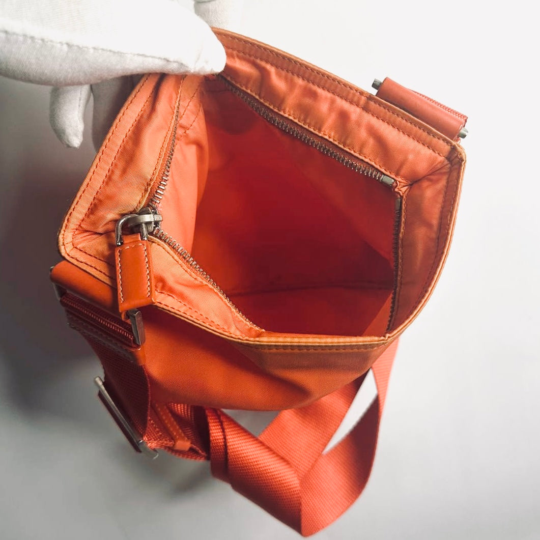 Prada Orange Tessuto Nylon Classic Monogram Logo Small Zipper Shoulder Sling Bag