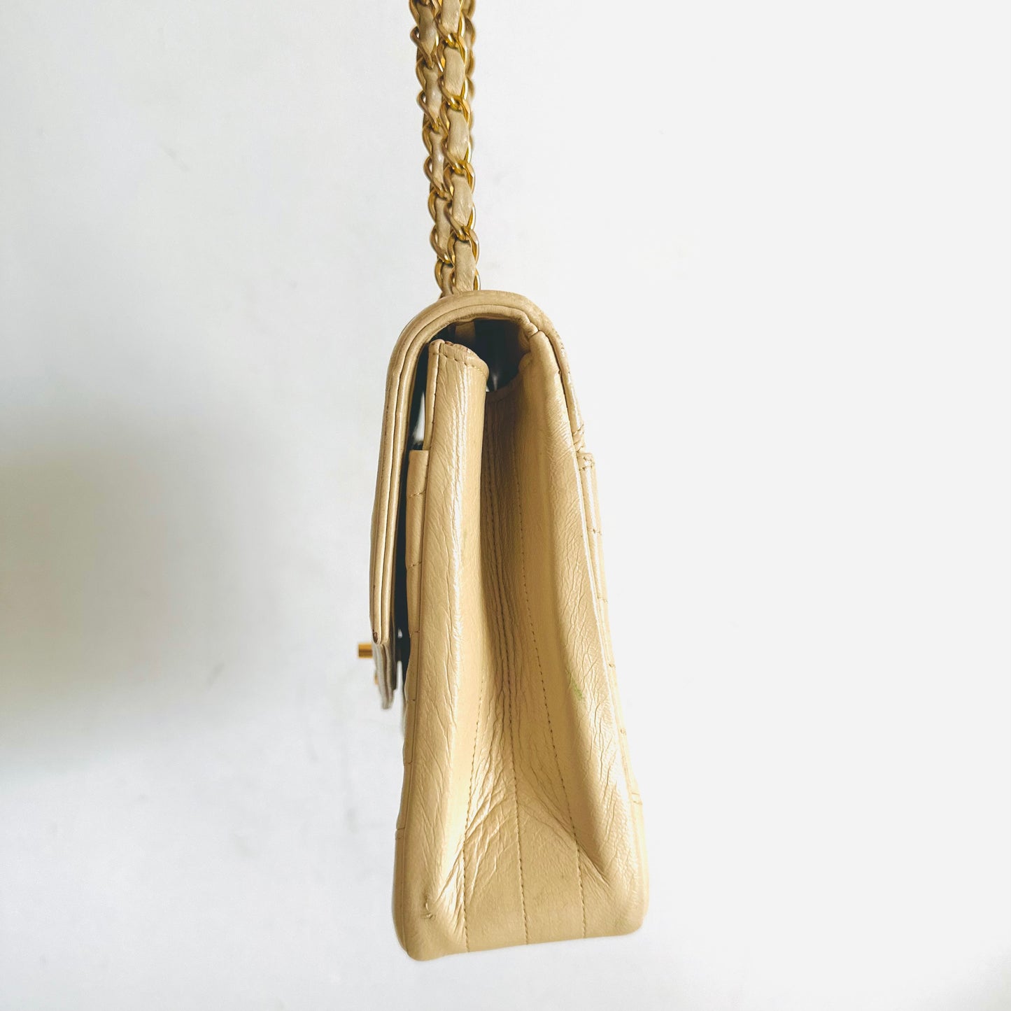 Chanel Beige GHW CC Logo Turnlock Small Classic Single Chevron Quilted Lambskin Flap Vintage Shoulder Sling Bag Pre Series