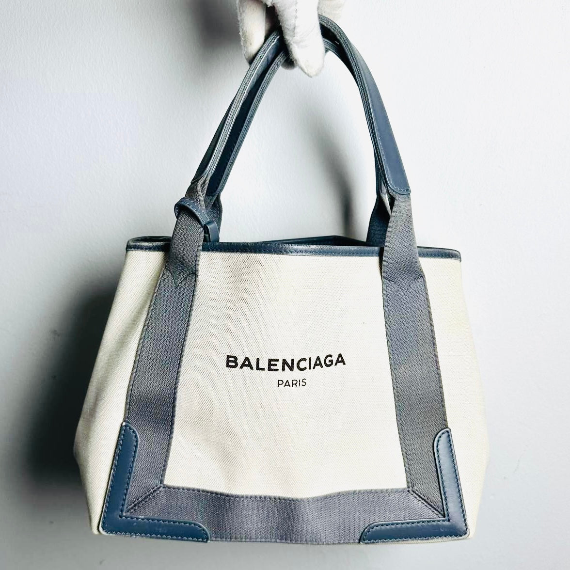 Balenciaga Cabas Blue / White Monogram Logo Small S Shopper Shoulder Tote Bag With Pouch
