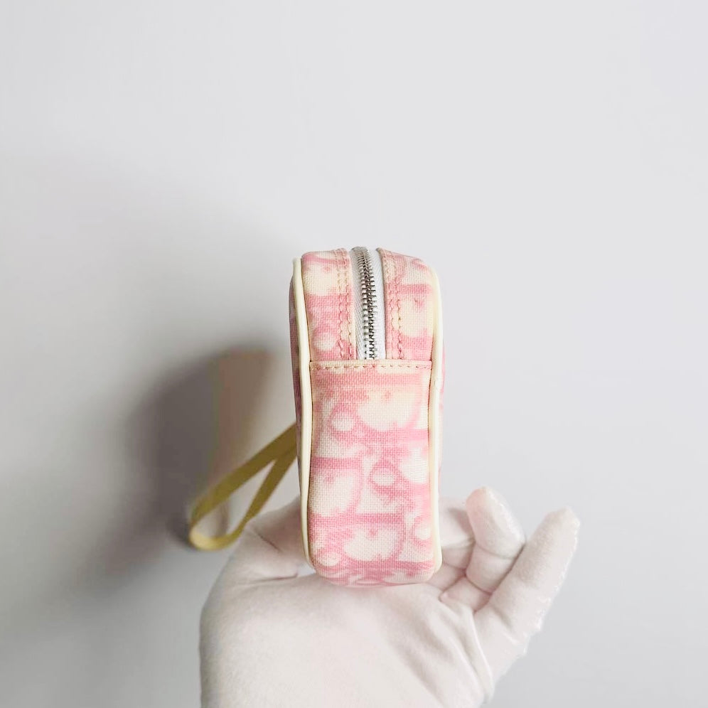 Christian Dior CD Diorissimo Pink Oblique Monogram Logo Zip Wrislet Cosmetic Pouch Clutch Case