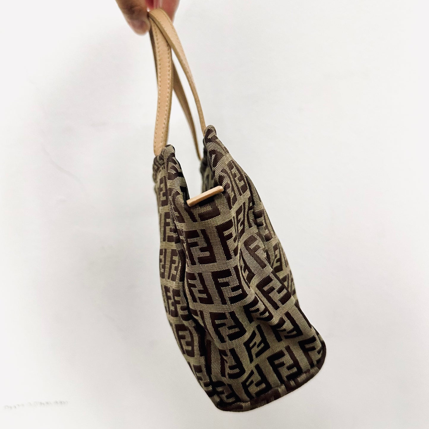 Fendi Dark Brown Zucca FF Monogram Logo Mini Bucket Dumpling Zip Tote Bag