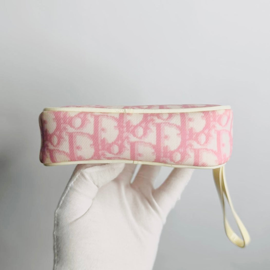 Christian Dior CD Diorissimo Pink Oblique Monogram Logo Zip Wrislet Cosmetic Pouch Clutch Case