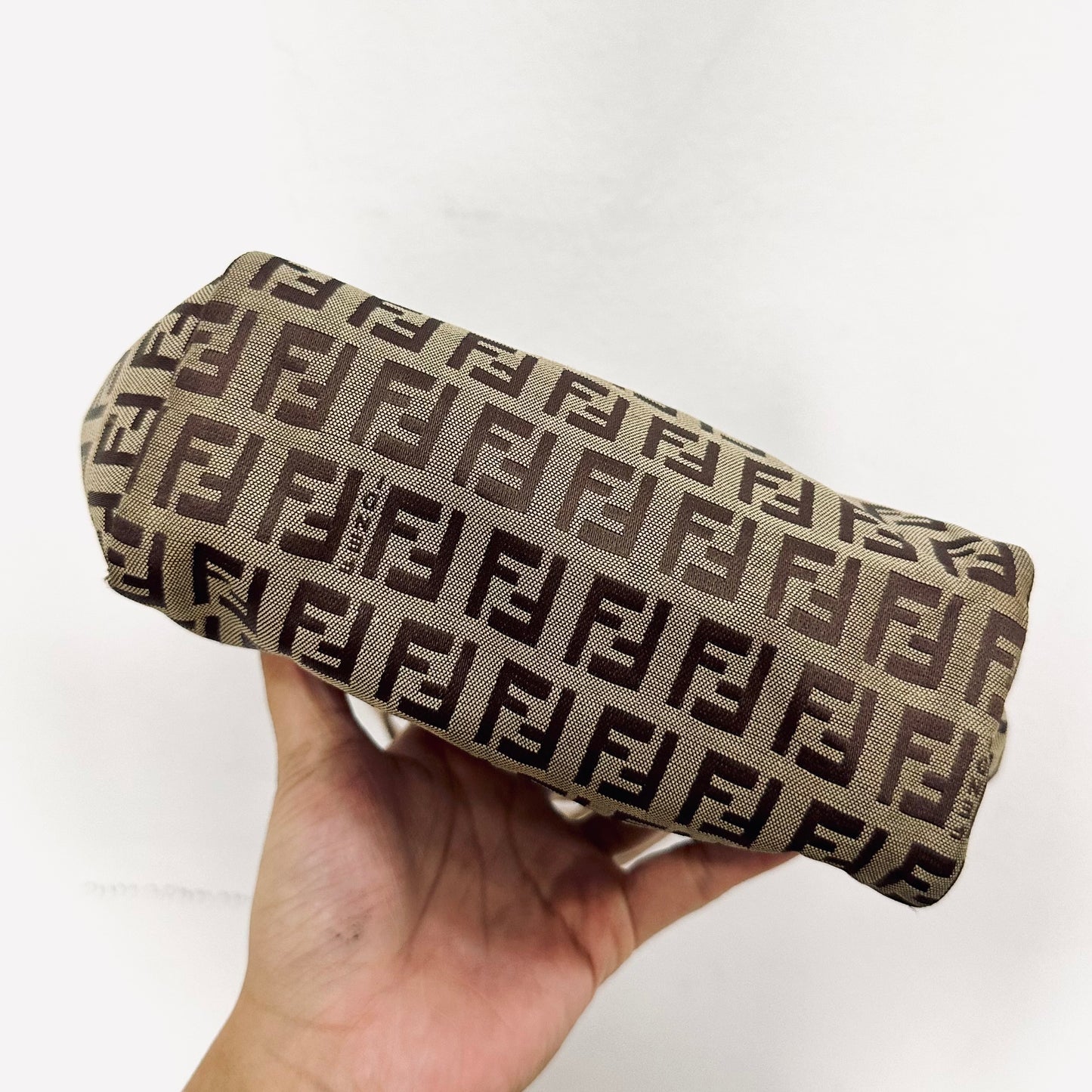 Fendi Dark Brown Zucca FF Monogram Logo Mini Bucket Dumpling Zip Tote Bag