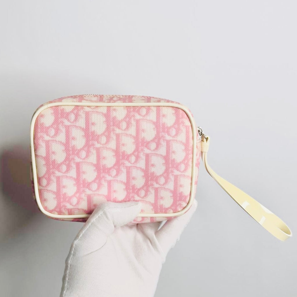 Christian Dior CD Diorissimo Pink Oblique Monogram Logo Zip Wrislet Cosmetic Pouch Clutch Case